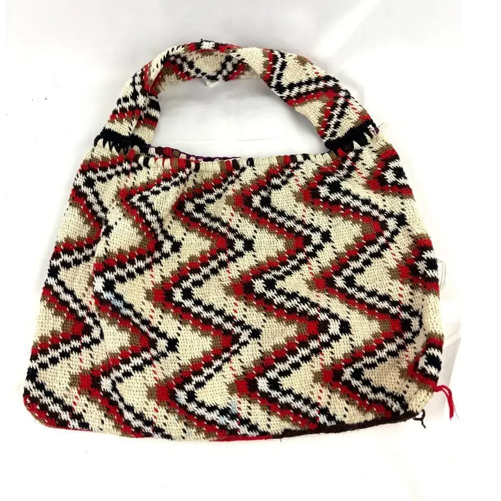 VTG Handmade Crocheted Hand Woven Purse Zigzag‎
